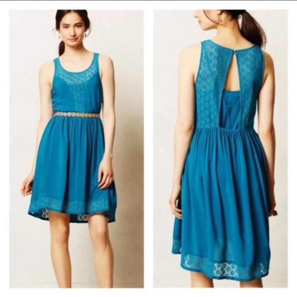 Anthropologie Lilka Teal Crochet Lace Cutout Back Matepe Mini Sun Dress XS